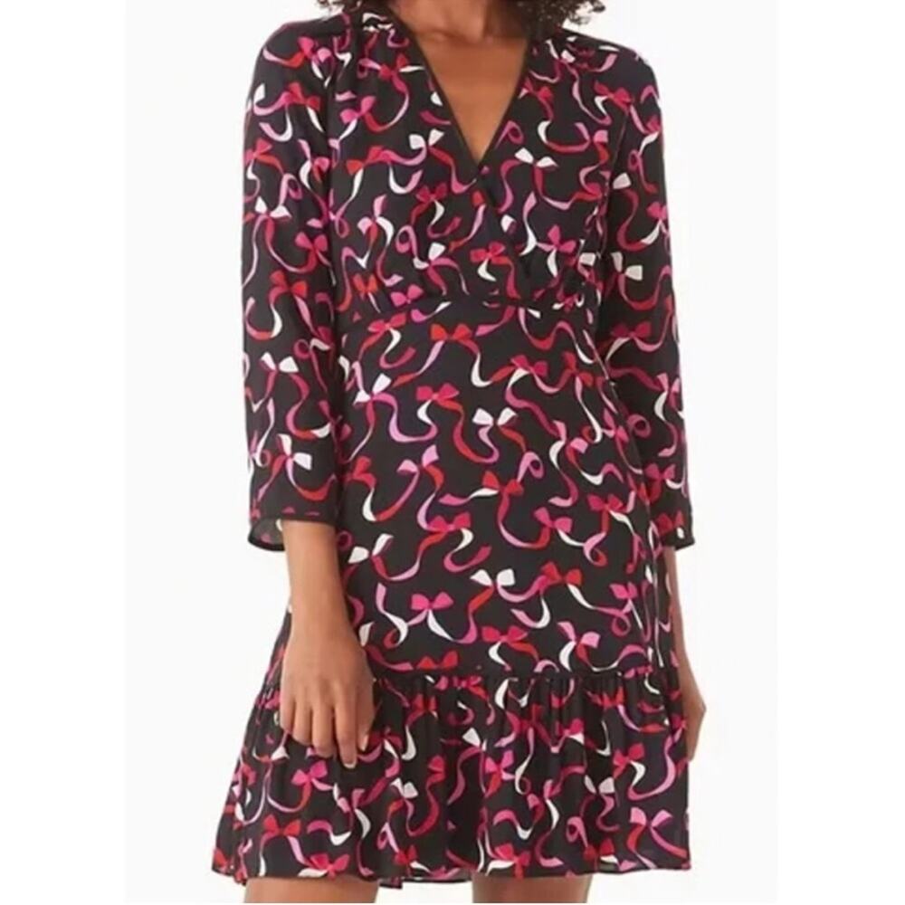 Kate Spade black red pink ribbon bow v neck dress size 6